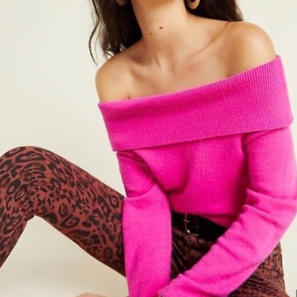 Anthropologie Shelby Pink Off Shoulder Crop Sweater Size XS Babydoll Barbiecore